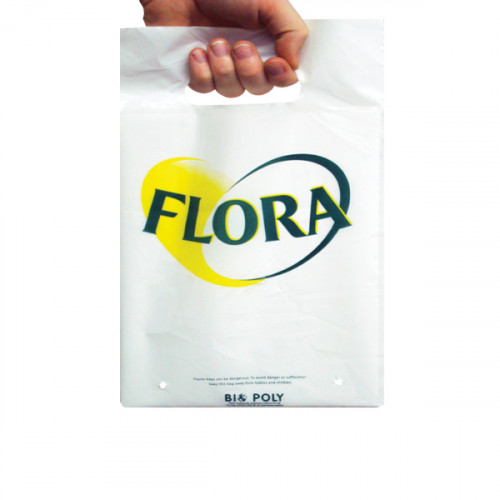 Small Printed Carrier Bags 20x30cm in white LDPE polythene film. The